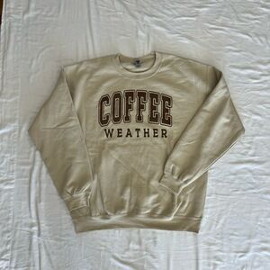 Gildan Sweatshirt Womens Large Beige Crew Neck Coffee Weather Graphic Cozy